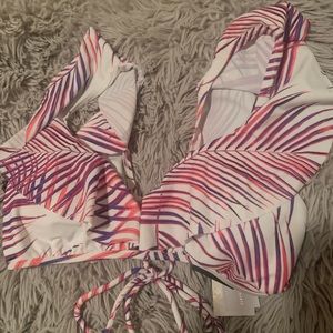 roxy swim ruffle top purple and pink leaf print